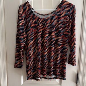 Liverpool Long Sleeve Scoop Neck Top in Black, Orange, and Tan